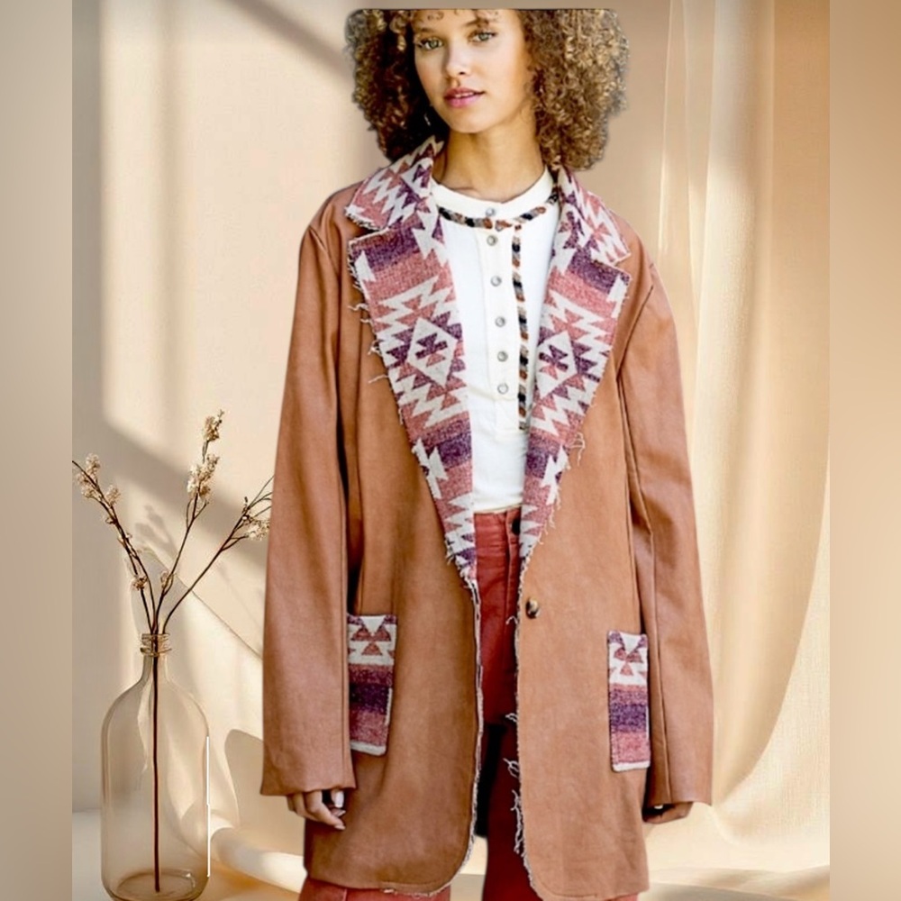 SOLD OUT POL Western Aztec Brown Vegan Suede Jacket | Southwestern Boho Coat - Picture 4 of 6